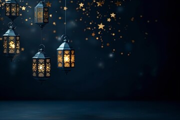 eid al fitr greeting with lanterns on dark blue background with generative ai