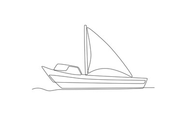 One line drawing of modern Boat with sails. Sea or river ship, flat icon. Sea and river vehicles. Water transport. Continuous line draw design graphic vector illustration