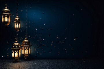 eid al fitr greeting with lanterns on dark blue background with generative ai