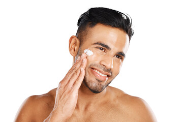 Man, beauty and skincare with smile for cream, moisturizer or facial treatment on transparent png...
