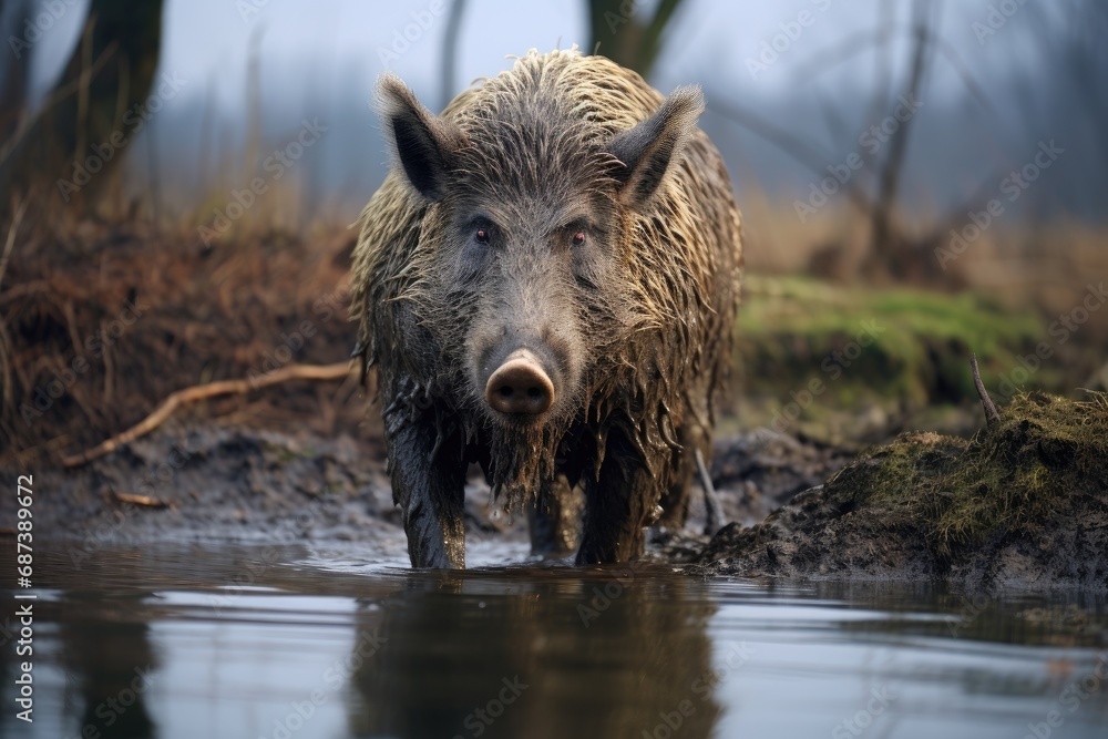 Wall mural Wild boar, Sus scrofa, single mammal in water, UK, wild boar, sus scrofa, Czech republic, AI Generated