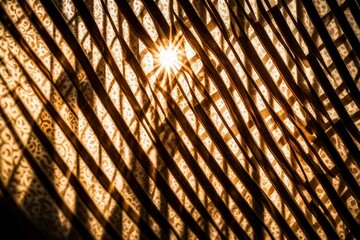 Detailed shot of sunlight streaming through patterned blinds.

