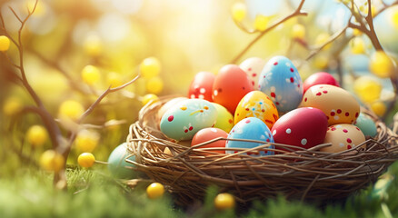 View of Easter Day with many colorful eggs in a basket