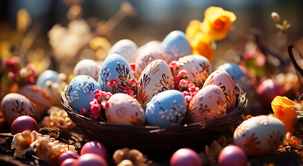 Fototapeta na wymiar View of Easter Day with many colorful eggs in a basket
