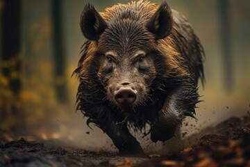 Wild boar running in the forest. Wildlife scene from nature, wild boar, sus scrofa, Czech republic, AI Generated - obrazy, fototapety, plakaty