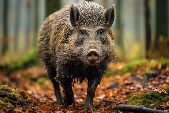 Wild boar Sus scrofa in the forest, wild boar, sus scrofa, Czech republic, AI Generated