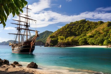 Sailing ship on a tropical beach, Palawan island, Philippines, Wooden tall ship sailing in a Caribbean island bay, AI Generated