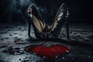 Black high heel shoes with heart shape on dark background, conceptual image, women shoes stomp on broken heart in dark tone., unrequited love, AI Generated - obrazy, fototapety, plakaty