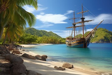 Beautiful seascape with an old pirate ship on a tropical beach, Wooden tall ship sailing in a Caribbean island bay, AI Generated