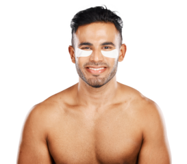 Portrait, man and eye patch for skincare, dermatology and aesthetic beauty isolated on a transparent png background. Happy indian model with gel mask for eyes, cosmetics and facial collagen benefits