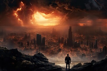 Silhouette of a businessman standing on the edge of a rock, looking at a burning city, World collapse, doomsday scene, digital painting, AI Generated