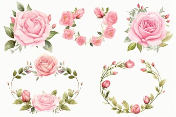 Set of vintage watercolor floral frames with pink roses, leaves and branches, Wreaths, floral frames, watercolor flowers pink roses, Illustration hand painted, AI Generated