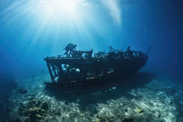 Stoff pro Meter Underwater view of a sunken shipwreck on a tropical coral reef, Wreck of a ship in the blue sea, with scuba diving equipment, AI Generated © Iftikhar alam
