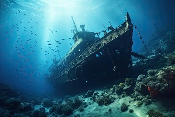 Underwater view of the sunken ship in the Red Sea, Wreck of a ship in the blue sea, with scuba diving equipment, AI Generated - obrazy, fototapety, plakaty