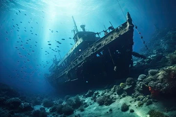 Foto op Plexiglas Underwater view of the sunken ship in the Red Sea, Wreck of a ship in the blue sea, with scuba diving equipment, AI Generated © Iftikhar alam