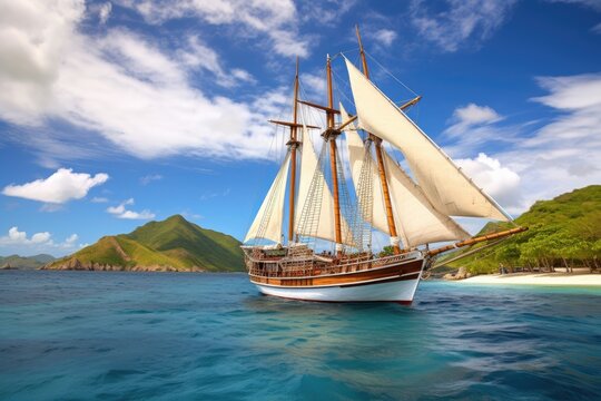 Sailing ship in the ocean on a sunny day. 3d render, Wooden tall ship sailing in a Caribbean island bay, AI Generated