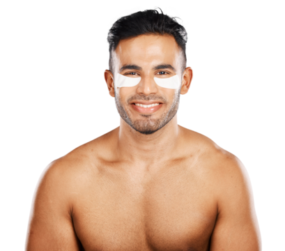 Portrait, man and eye patch for skincare, dermatology and aesthetic beauty isolated on a transparent png background. Happy indian model with gel mask for eyes, cosmetics and facial collagen benefits