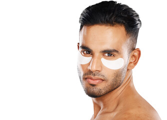 Eye patch, man and portrait for skincare, dermatology and aesthetic beauty isolated on a transparent png background. Face of serious indian model with gel mask for eyes, cosmetics and facial collagen