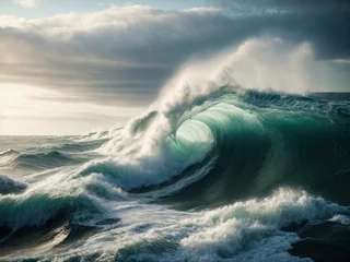 Foto auf Acrylglas Stormy sea wave with foamy splash, wave of the sea, wave breaking on the beach, wave breaking on the shore, stormy sea wave, waves on the beach, storm over the sea, storm over the ocean © The Artist