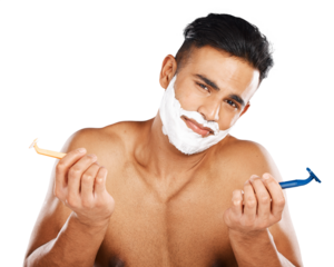Man, portrait and razor choice for shaving or cream or hygiene beard hair, clean or morning grooming. Male person, skincare decision and face or isolated on transparent png background, care or health