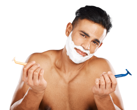 Man, portrait and razor choice for shaving or cream or hygiene beard hair, clean or morning grooming. Male person, skincare decision and face or isolated on transparent png background, care or health