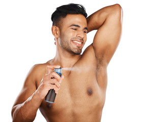 Deodorant, spray and armpit of man with smile for beauty, grooming and clean hygiene isolated on...