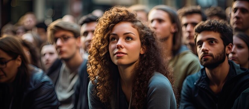 Multiethnic students attentively listening to the speaker as a group.