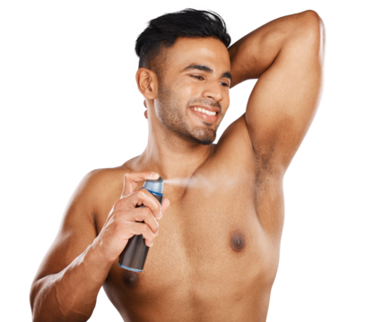 Deodorant, spray and armpit of man with smile for beauty, grooming and clean hygiene isolated on transparent png background. Happy indian model with perfume cosmetics for sweat, underarm and skincare