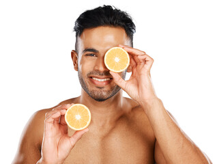Orange, skincare and portrait of man with smile for nutrition, detox or isolated on transparent png background. Indian guy, beauty or citrus fruits for sustainable dermatology, cosmetics or vitamin c