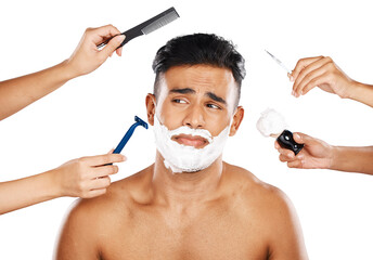Man, shave and hands of equipment for grooming, clean or hygiene for wellness. Mexican person,...