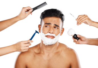 Man, shave and hands of equipment for grooming, clean or hygiene for wellness. Mexican person, thinking and vision of tools for brush, skincare or hair on isolated or transparent png background