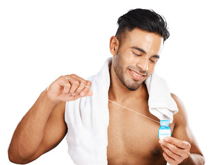 Floss, smile or man cleaning with dental product for hygiene, gingivitis or plaque isolated on transparent png background. Indian guy, oral thread or container for mint breath after shower with towel