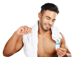 Floss, smile or man cleaning with dental product for hygiene, gingivitis or plaque isolated on transparent png background. Indian guy, oral thread or container for mint breath after shower with towel