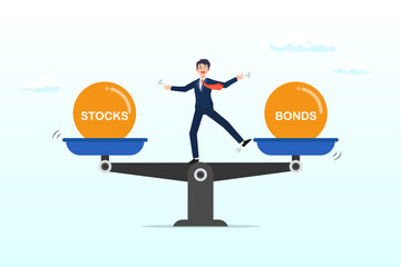 Businessman investor balance on stocks and bonds seesaw, stocks vs bonds in investment asset allocation, risk assessment portfolio or expected return in long term mutual funds, pension fund (Vector) - obrazy, fototapety, plakaty