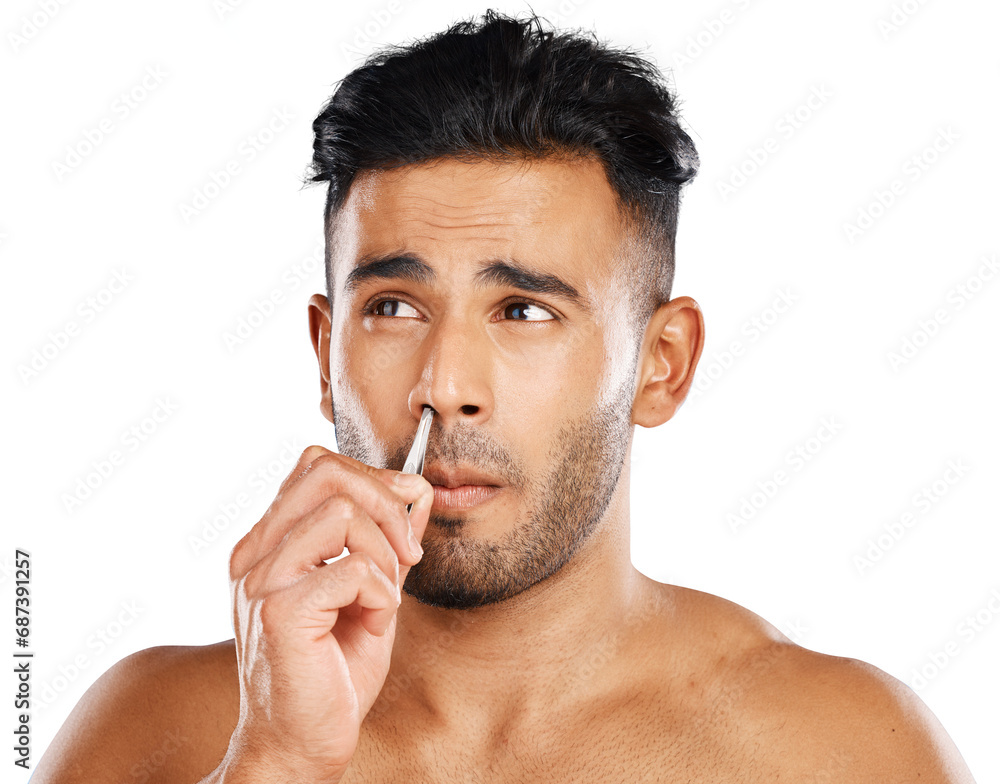 Sticker Skincare, hair and nose tweezers with man, wellness and health isolated on a transparent background. Person, model and guy with treatment, grooming routine and hygiene with png, beauty and pamper.