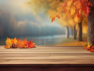 Naklejka na ściany i meble Seasonal Tranquility: Blank Wooden Table in a Serene Autumn Backdrop ai image 