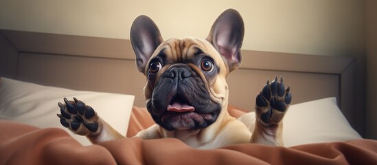 Startled French bulldog with arms raised, in bed on a pillow, gazing at you. - obrazy, fototapety, plakaty