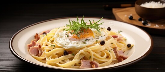 Italian food: fettuccine Carbonara with eggs, cheese, pork, and black pepper.