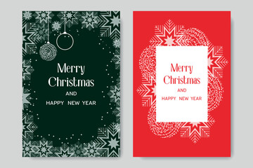 Merry Christmas and Happy New Year greeting cards on a green and red background.