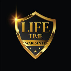 lifetime warranty logo with golden shield and golden ribbon.Vector illustration.