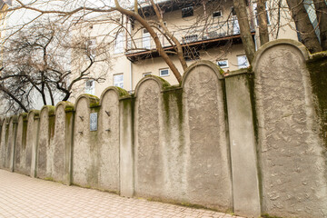 Krakow, Poland - march 7, 2023: Fragment of the wall of Jewish Ghetto in Krakow, Poland. Ghetto...
