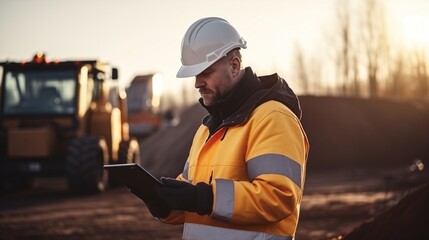 industrial worker holding tablet in front of construction equipment - obrazy, fototapety, plakaty