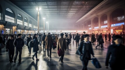 blurry image of many people walking through train station