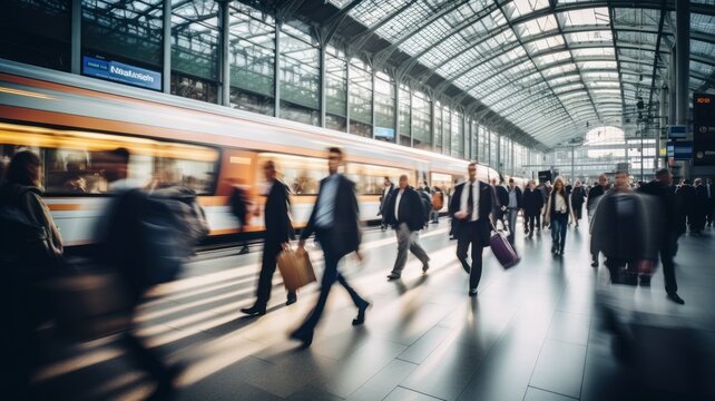 blurry image of many people walking through train station