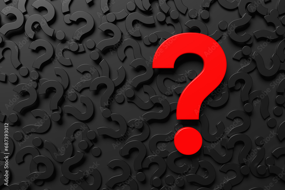 Poster big red question mark symbol on black background of many question marks.
