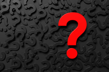 Big red question mark symbol on black background of many question marks.
