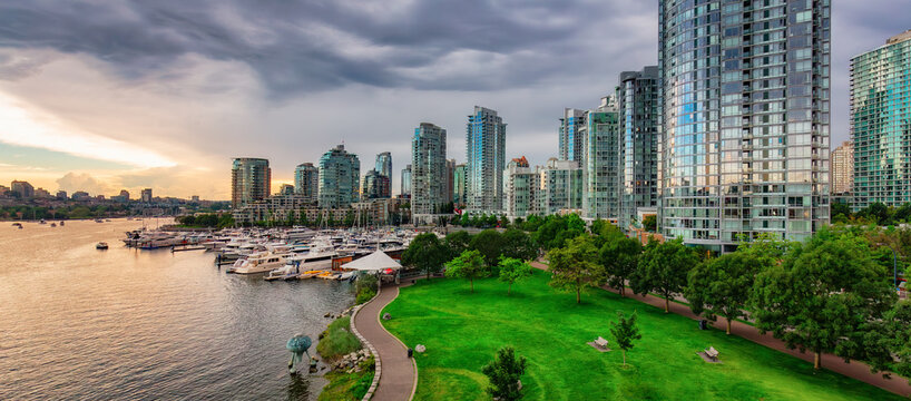 Buildings in False Creek, Downtown Vancouver, BC, Cannada. Dramatic Sunset.