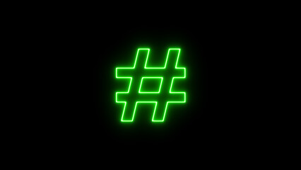 Green Neon Hashtag sign. Hashtag symbol glowing futuristic green neon lights on black background.