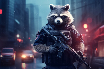 illustration of a raccoon becoming an armed police officer - obrazy, fototapety, plakaty