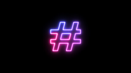 Hashtag. Neon colorful symbols hashtag on a black background. Glowing neon hashtag icon. Neon hashtag panoramic. Social media communication concept.
